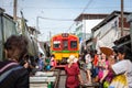 Samut Songkhram,Thailand-May 13,2019:Tourists at Talat Rom Hup,people visit Mae Klong Railway market or Mae Klong Train market, Royalty Free Stock Photo