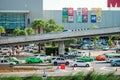 Samutprakarn, Thailand - April 13 2019: Many ca cause traffic jams at Road runs parallel to Bangna Trad motorway and expressway