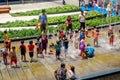 Samutprakarn, Thailand - April 13 2019: Many people is play or splashing water in Songkran Festival at Megabangna Shoppingcenter.