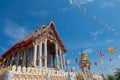 Samutprakarn, Thailand - July 19: Thai Buddhist decorate temple with Thailand flag and yellow Buddhism symbol flag to celebrating