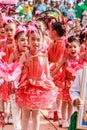 SAMUTSAKORN, THAILAND-December,26, 2019: close upportrait Single of smile child Drum Mayer students parades