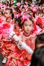 SAMUTSAKORN, THAILAND-December, 26,2019: Focus one portrait group child Drum Mayer school students parade