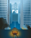 Vector illustration of historic Cable Cars riding on the street at dawn before sunrise.