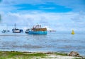 SAN ANDRES, COLOMBIA - OCTOBER 21, 2017: Beautiful view of a fisherman sailing in a boat in San Andres Island during a