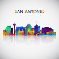 San Antonio skyline silhouette in colorful geometric style.