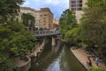 People walking by the Riverwalk in the city of San Antonio in Texas, USA