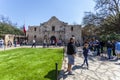 SAN ANTONIO, TEXAS - MARCH 2, 2018 - People get in line to visit the historical Alamo Mission, built in 1718 and site of the famou Royalty Free Stock Photo