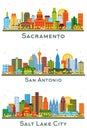 San Antonio Texas, Salt Lake City Utah and Sacramento USA city Skyline set with Color Buildings isolated on white. Cityscape with Royalty Free Stock Photo