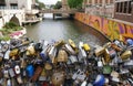 San Antonio, Texas, U.S - April 6, 2024 - Thousands of locks of love by the bridge on Dolorosa Street