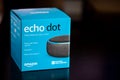 SAN ANTONIO, TX - APRIL 6, 2019 - Amazon Alexa Echo Dot speaker in box package on table Royalty Free Stock Photo