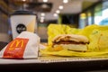 SAN ANTONIO, TX, USA - NOVEMBER 9, 2018 - Breakfast at McDonald`s restaurant with egg Mcmuffin sandwich, hash brown potatoes and