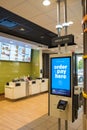 SAN ANTONIO, TX, USA - NOVEMBER 9, 2018 - Interior of a McDonald`s restaurant with new self-ordering kiosk