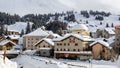 San Bernardino, Switzerland. Landscape of the town and historic center after a heavy snowfall. Roofs of houses covered with snow