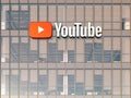 San Bruno, CA, USA. May 2, 2022. Editorial Use Only, 3D CGI. YouTube Signage Logo on Top of Glass Building. Workplace Video