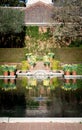 San Carlos, California, USA - March 12 2020: A pond in Filoli estate garden on sunny day with pots with yellow daffodils and a tow