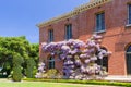 San Carlos, California, USA - May 05, 2019: Filoli estate in spring time with purple wisteria climbing on the brick walls