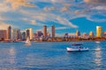 San Diego Bay at dusk with city glowing above the water Royalty Free Stock Photo