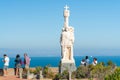 San Diego, CA. Juan Rodriguez Cabrillo statue. Beautiful blue San Diego bay background