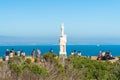 San Diego, CA. Juan Rodriguez Cabrillo statue. Beautiful blue San Diego bay background