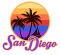 San Diego California Retro Vintage Logo with Palm Trees and Yacht with Rainbow Sky Background Royalty Free Stock Photo