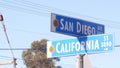 San Diego and California street, traffic road sign in USA. Crossroad in city. Royalty Free Stock Photo