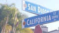 San Diego and California street, traffic road sign in USA. Crossroad in city. Royalty Free Stock Photo