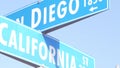 San Diego and California street, traffic road sign in USA. Crossroad in city. Royalty Free Stock Photo