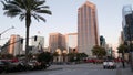 SAN DIEGO, CALIFORNIA USA - 13 FEB 2020: Pedestrians, traffic and highrise buildings in city downtown. Street life of american