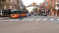 SAN DIEGO, CALIFORNIA USA - 30 JAN 2020: Gaslamp Quarter historic entrance arch sign on 5th avenue. Orange iconic retro trolley, Royalty Free Stock Photo