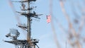 SAN DIEGO, CALIFORNIA USA - 4 JAN 2020: Radar of USS Midway military aircraft carrier, historic war ship. Naval army battleship