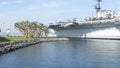 SAN DIEGO, CALIFORNIA USA - 15 JAN 2020: USS Midway military aircraft carrier, historic war ship. Naval army battleship. Maritime