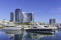 SAN DIEGO, CLAIFORNIA USA - NOVEMBER 5, 2017: Luxury yachts in Embarcadero Marina near Seaport Village in San Diego Bay with the S