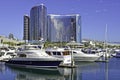 SAN DIEGO, CLAIFORNIA USA - NOVEMBER 5, 2017: Luxury yachts in Embarcadero Marina near Seaport Village in San Diego Bay with the S