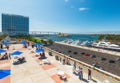 San Diego Convention Center. Beautiful View of Marina Harbor With Clear Blue Sky on Background