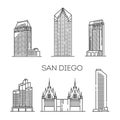 San Diego detailed monuments silhouette. Vector illustration Royalty Free Stock Photo