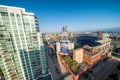 SAN DIEGO - JULY 29, 2017: Petco Park and Coronado Bridge on background. San Diego attracts 20 million people annually