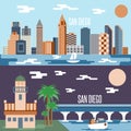 San Diego landmarks horizontal flat design vector