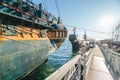 San Diego Maritime Museum. The HMS Surprise Replica Ship and Soviet Submarine B-39 Royalty Free Stock Photo