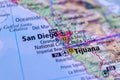 San Diego and Tijuana on map Royalty Free Stock Photo