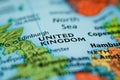Map with selective focus on United Kingdom