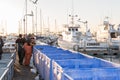 SAN DIEGO, USA - NOVEMBER 17, 2015 - fishing boat unloading tuna at sunrise