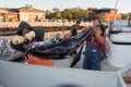 SAN DIEGO, USA - NOVEMBER 17, 2015 - fishing boat unloading tuna at sunrise Royalty Free Stock Photo