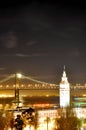 San Francisco Bay Bridge, Clock Tower, Night Holiday Lights Royalty Free Stock Photo