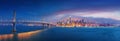 San Francisco Bay Bridge and San Francisco downtown in wide panorama photo