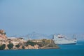 San Francisco Bay view featuring Alcatraz Island, cargo ship, Golden Gate Bridge, and city skyline