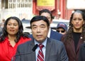 Kelvin Tse, President of the Chinese Consolidated Benevolent Assoc speaking at Mayor London Breed\'s Press Conf in Chinatown