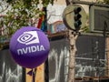 Purple nVidia logo on balloon in a city environment