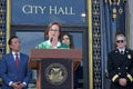 Jodi Medeiros from Walk SF speaking at a press conf to mark the 10 yr anniversary of the launch of Vision Zero and street safety