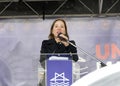 Lieutenant Governor Eleni Kounalakis speaking at a Rally Against Anti-Semitism at Civic Center Royalty Free Stock Photo