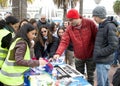 Unidentified organizers preparing for a March Against Anti-Semitism up Market Street to Civic Center